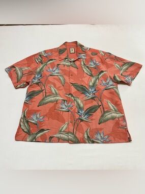 Jamaica Jaxx Hawaiian Silk Shirt Mens XL Tropic Wooden Button Coral Camp Cruise